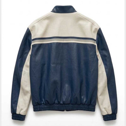 Back view of Men's Handmade F1 Racing Cowhide Leather Jacket showcasing full motorsport inspired design and premium seam craftsmanship by Jackets Kingdom