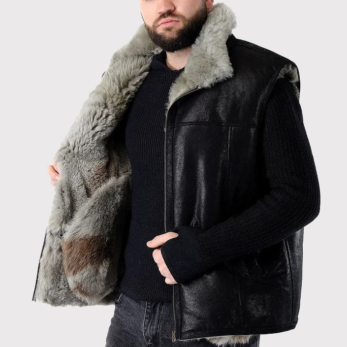 Men's Handmade Sleeveless Sheepskin Vest in Black