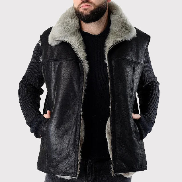 Men's Handmade Sleeveless Sheepskin Vest in Black