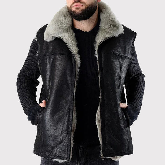 Men's Handmade Sleeveless Sheepskin Vest in Black Men's Handmade Sleeveless Sheepskin Vest in Black