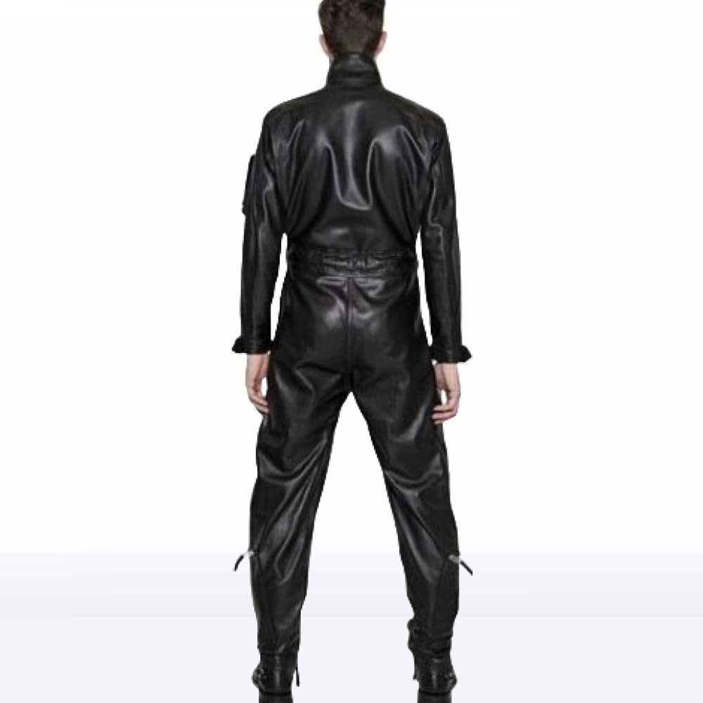 Men’s High-Fashion Sheepskin Black Leather Jumpsuit