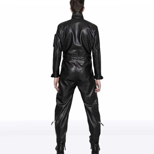 Men’s High-Fashion Sheepskin Black Leather Jumpsuit