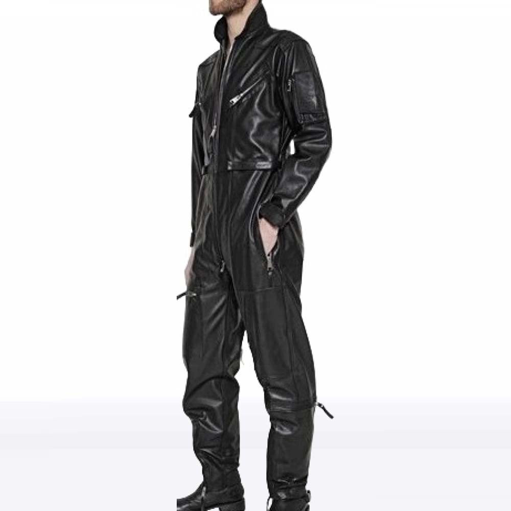 Men’s High-Fashion Sheepskin Black Leather Jumpsuit