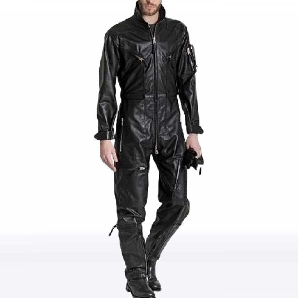 Men’s High-Fashion Sheepskin Black Leather Jumpsuit