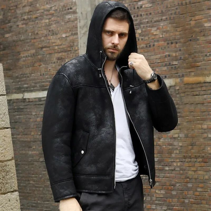 Men's Hooded Black B3 Shearling Winter Jacket