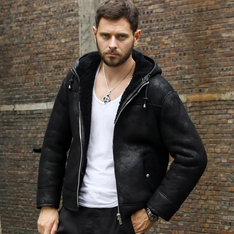 Men's Hooded Black B3 Shearling Winter Jacket