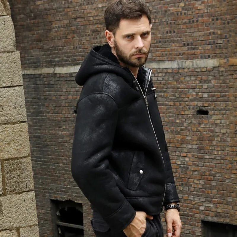 Men's Hooded Black B3 Shearling Winter Jacket