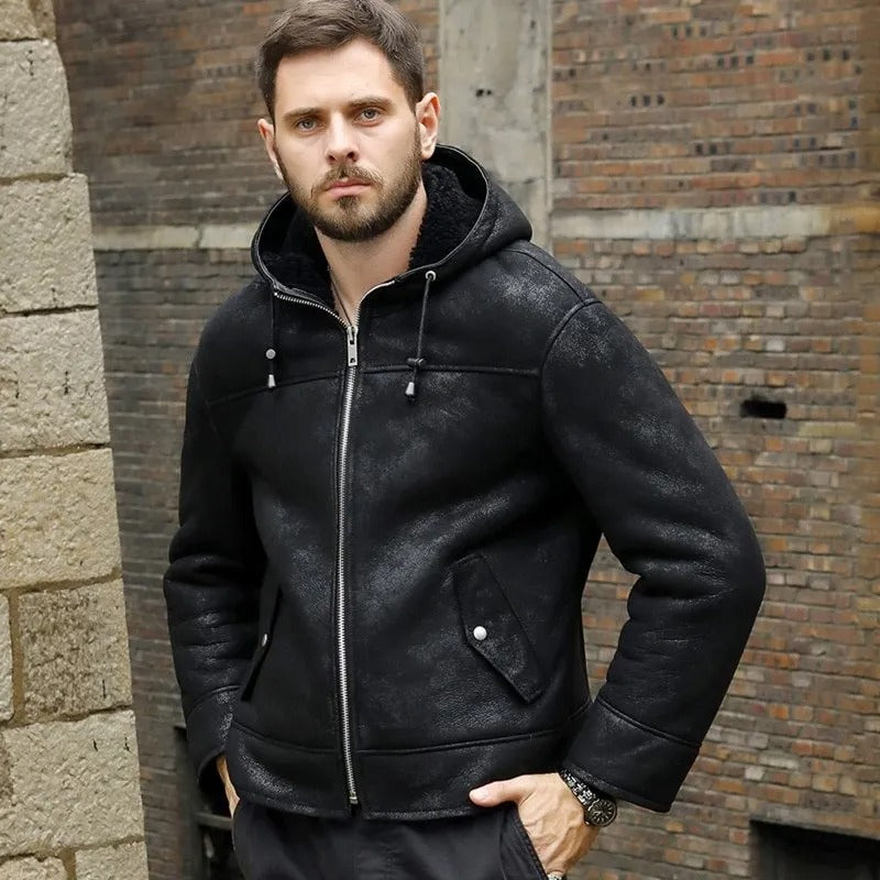 Men's Hooded Black B3 Shearling Winter Jacket