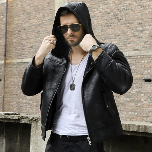 Men's Hooded Black B3 Shearling Winter Jacket