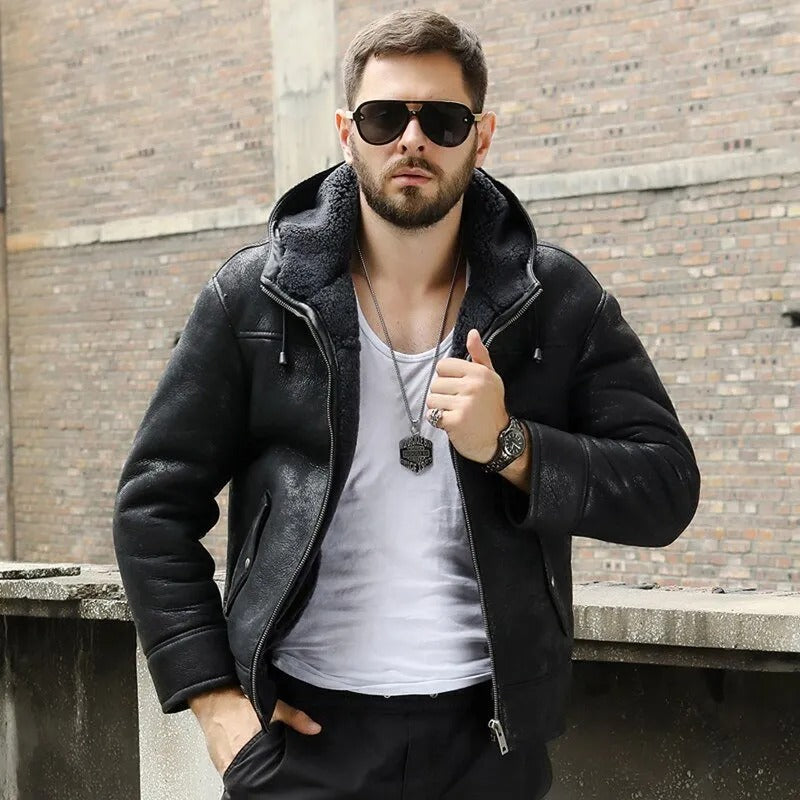 Men's Hooded Black B3 Shearling Winter Jacket