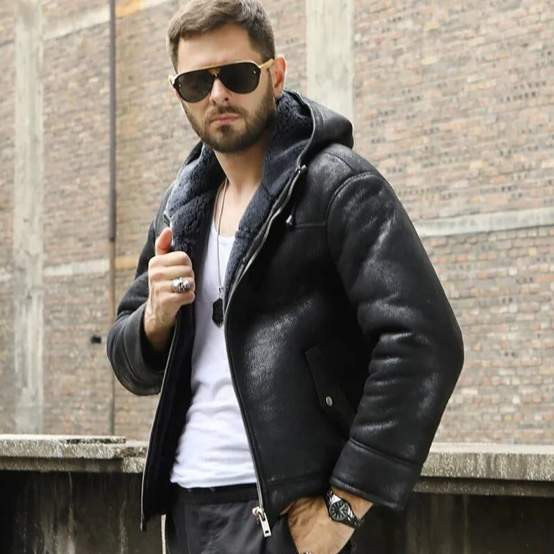 Men's Hooded Black B3 Shearling Winter Jacket
