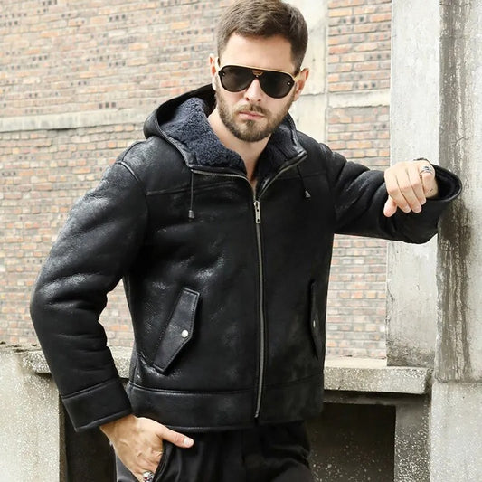 Men's Hooded Black B3 Shearling Winter Jacket Men's Hooded Black B3 Shearling Winter Jacket