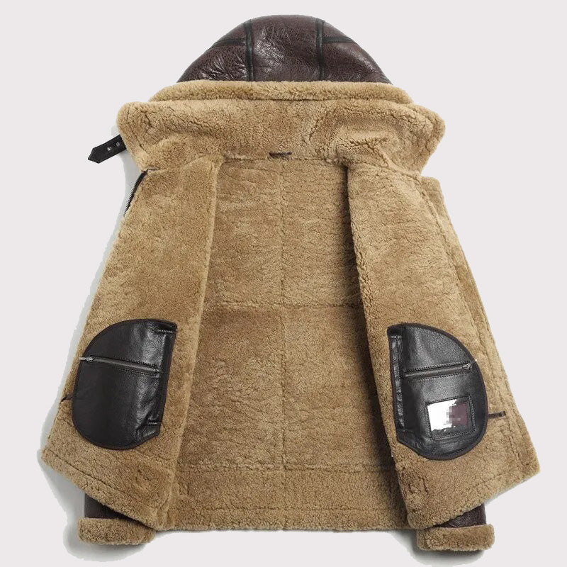 Hooded Brown Shearling Aviator Jacket for Men
