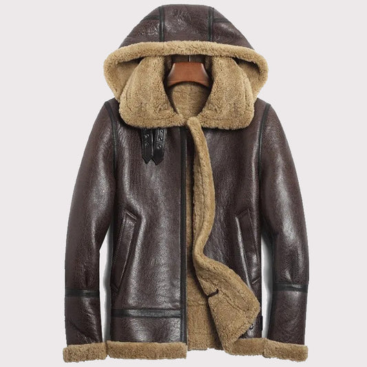 Hooded Brown Shearling Aviator Jacket for Men | B-3 Sheepskin Coat