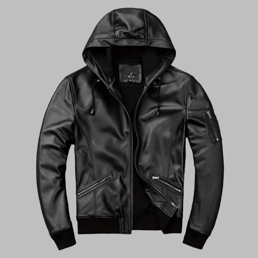 Men's Hooded Leather Motorcycle Bomber Jacket Men's Hooded Leather Motorcycle Bomber Jacket