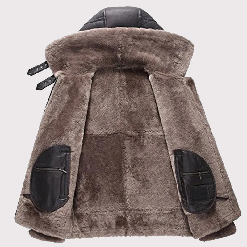 Men's Hooded Shearling Flight Jacket - Warm Sheepskin Aviator Coat