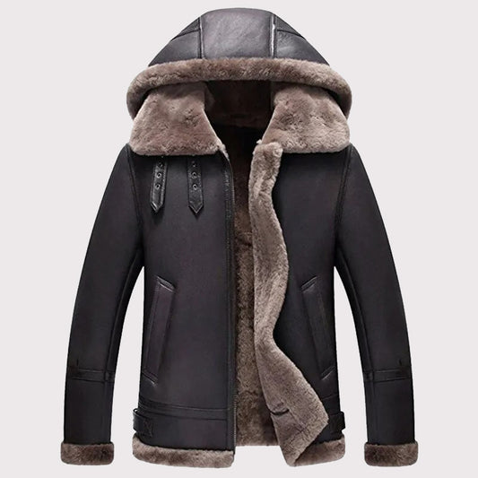 Men's Hooded Shearling Flight Jacket - Warm Sheepskin Aviator Coat Men's Hooded Shearling Flight Jacket - Aviator Coat