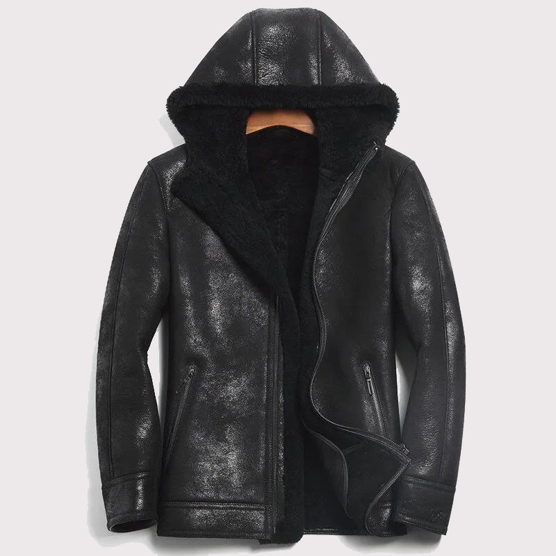 Hooded Sheepskin Winter Fur Coat for Men