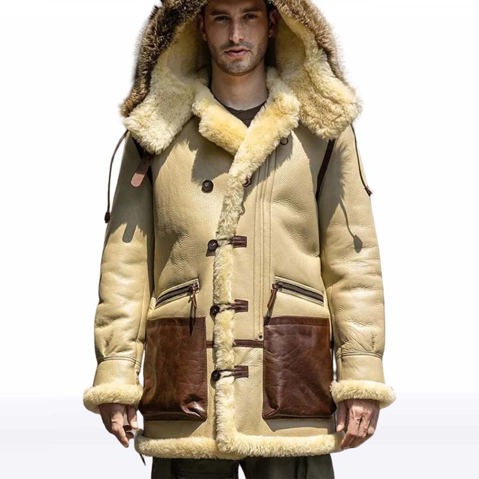 Men’s Ivory Yellow Hooded Shearling Leather Jacket from Jackets Kingdom