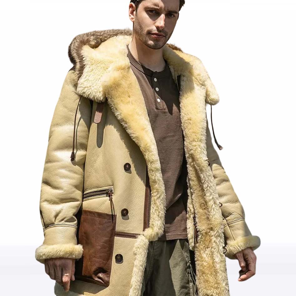 Men’s Ivory Yellow Hooded Shearling Leather Jacket from Jackets Kingdom