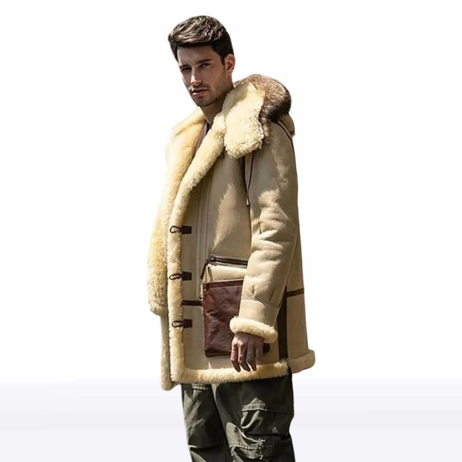 Men’s Ivory Yellow Hooded Shearling Leather Jacket from Jackets Kingdom
