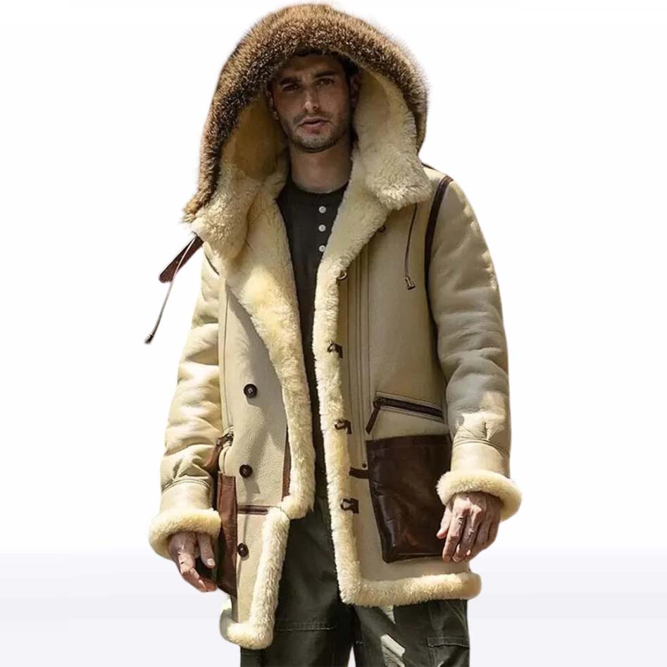 Men’s Ivory Yellow Hooded Shearling Leather Jacket from Jackets Kingdom