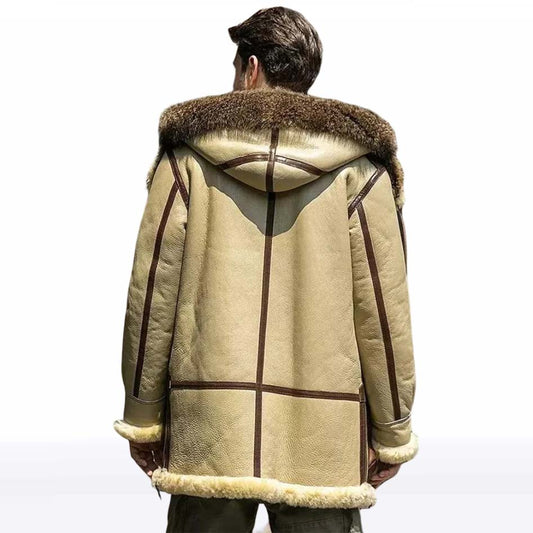 Men’s Ivory Yellow Hooded Shearling Leather Jacket from Jackets Kingdom