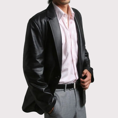 Men's Soft Lambskin Leather Blazer Coat - One Button Closure