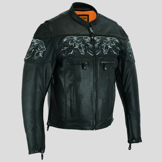 Men's Leather Concealed Carry Motorcycle Racing Jacket with Reflective Skulls