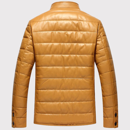 Men's Leather Down Jacket Coat with Mink Collar