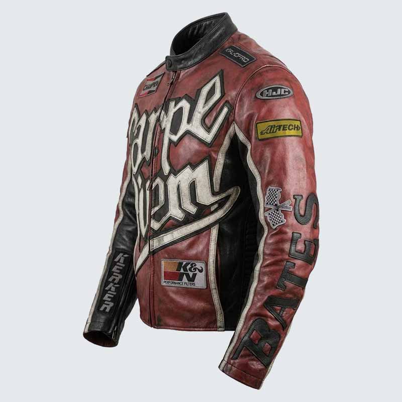 Men's Genuine Leather Motorcycle Jacket in Black with Embroidery Patches