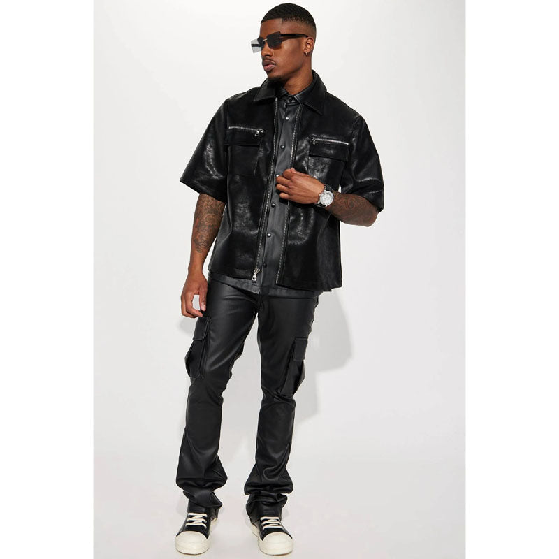 Men's Black Leather Zip Up Short Sleeve Shirt