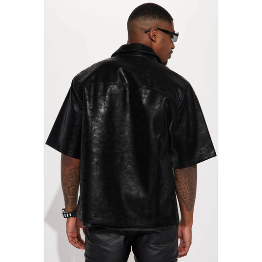Men's Black Leather Zip Up Short Sleeve Shirt
