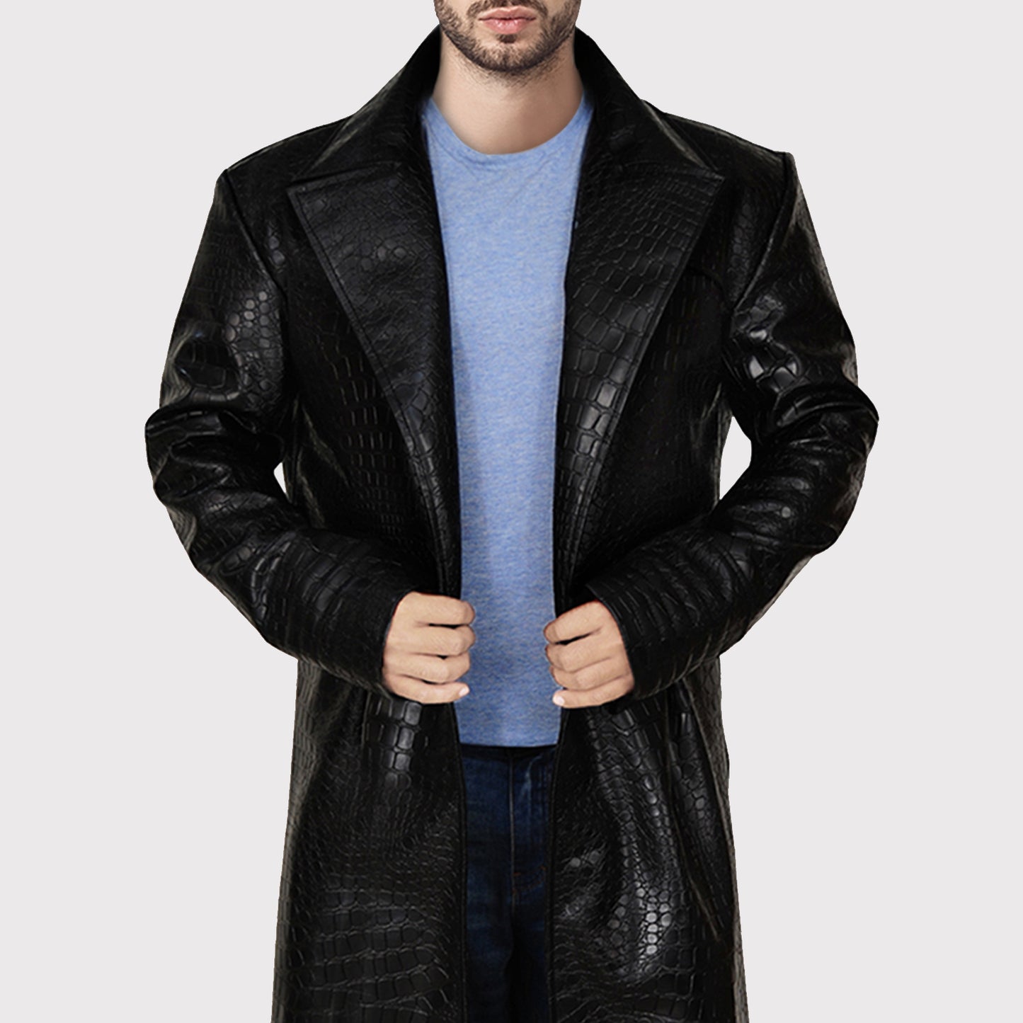 Men’s Long Black Alligator Faux Leather Coat - Trench Coat