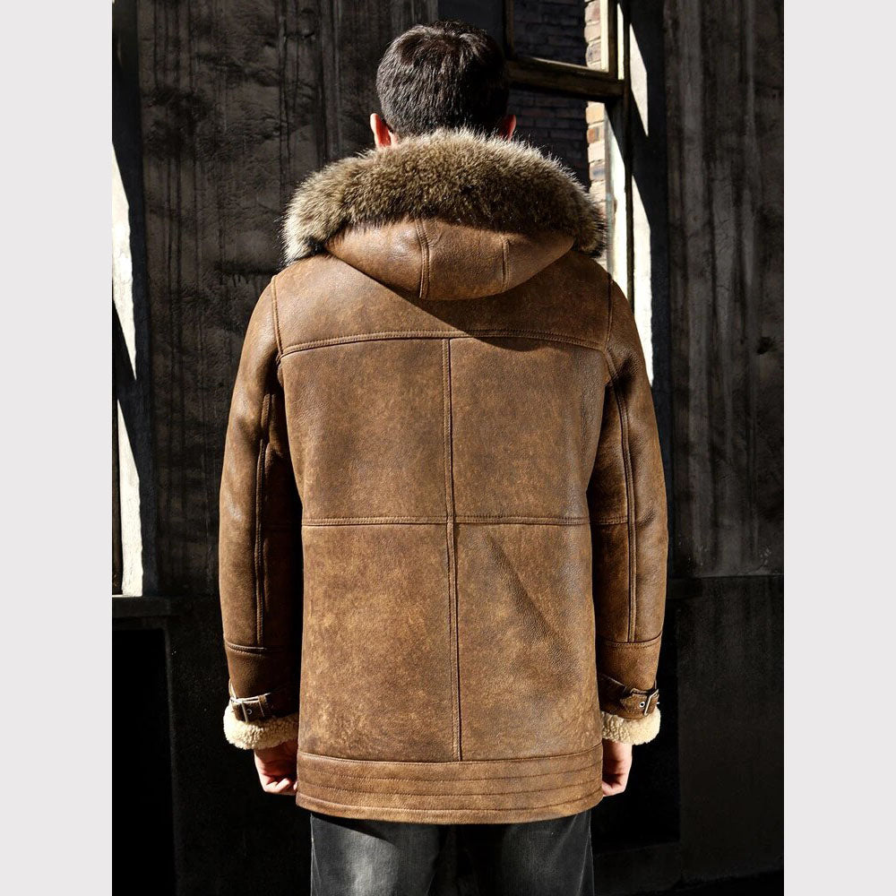 Men's Genuine Leather Long Hooded Shearling Coat