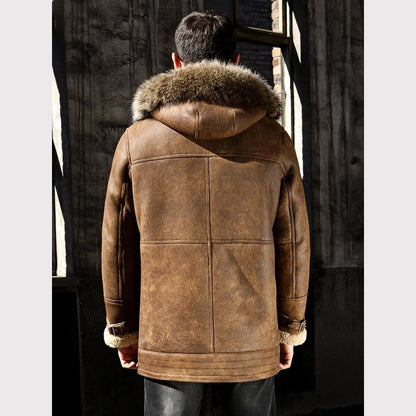Men's Genuine Leather Long Hooded Shearling Coat