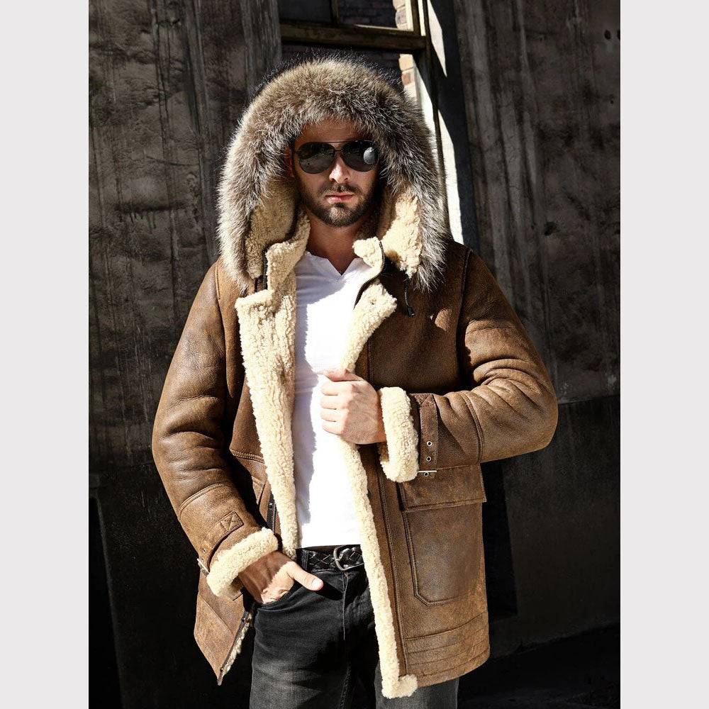 Men's Genuine Leather Long Hooded Shearling Coat