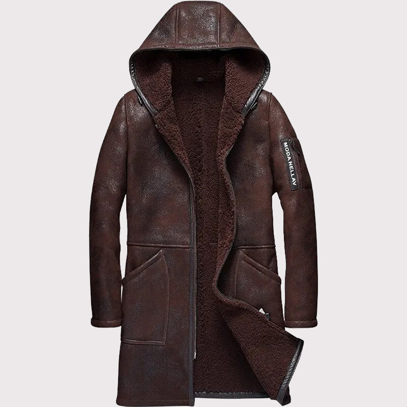 Long Hooded Sheepskin Shearling Fur Coat for Men