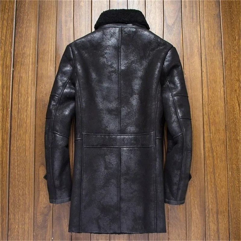 Men's Long Military Style Sheepskin Leather Jacket