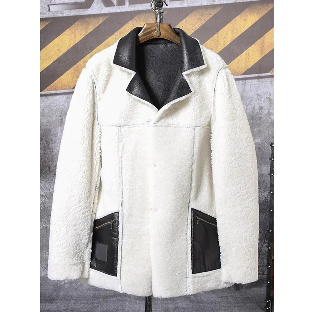 Men's Long Sheepskin Shearling Trench Coat in Black