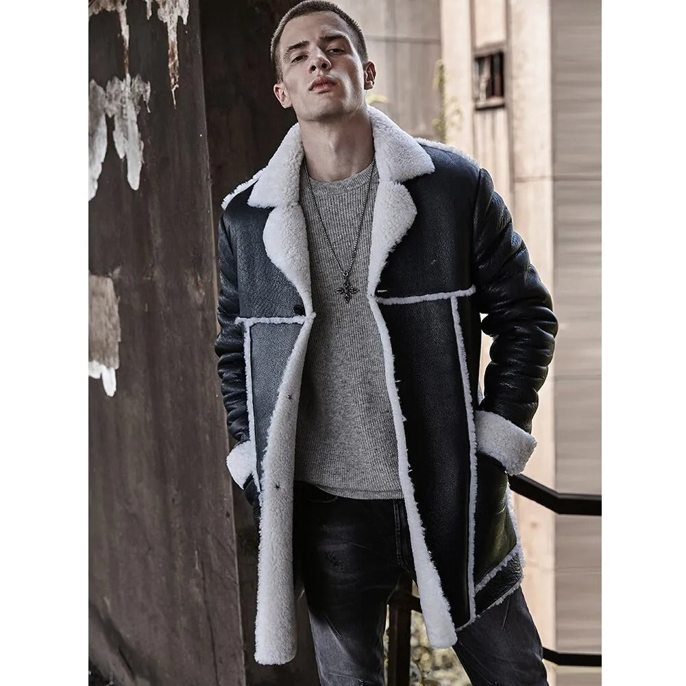 Men's Long Sheepskin Shearling Trench Coat in Black