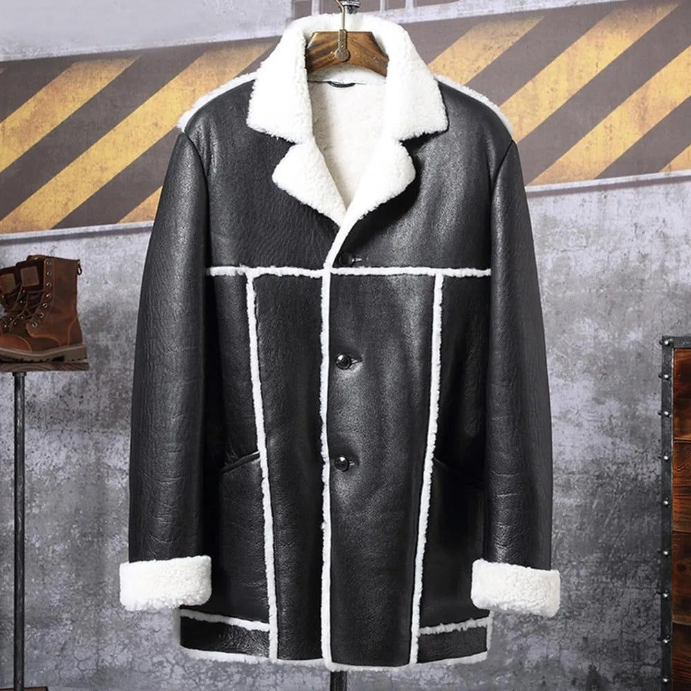 Men's Long Sheepskin Shearling Trench Coat in Black