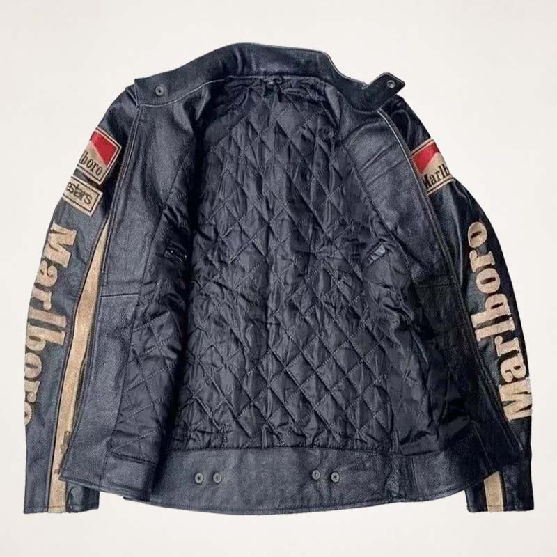 Men’s Marlboro Black Leather Racing Jacket – Vintage Biker Style