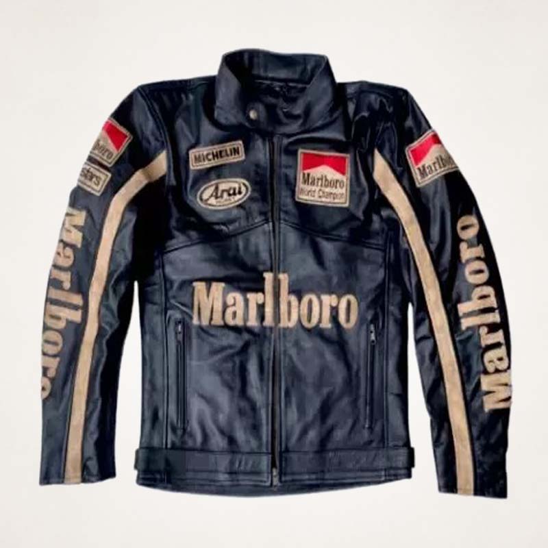 Men’s Marlboro Black Leather Racing Jacket – Vintage Biker Style