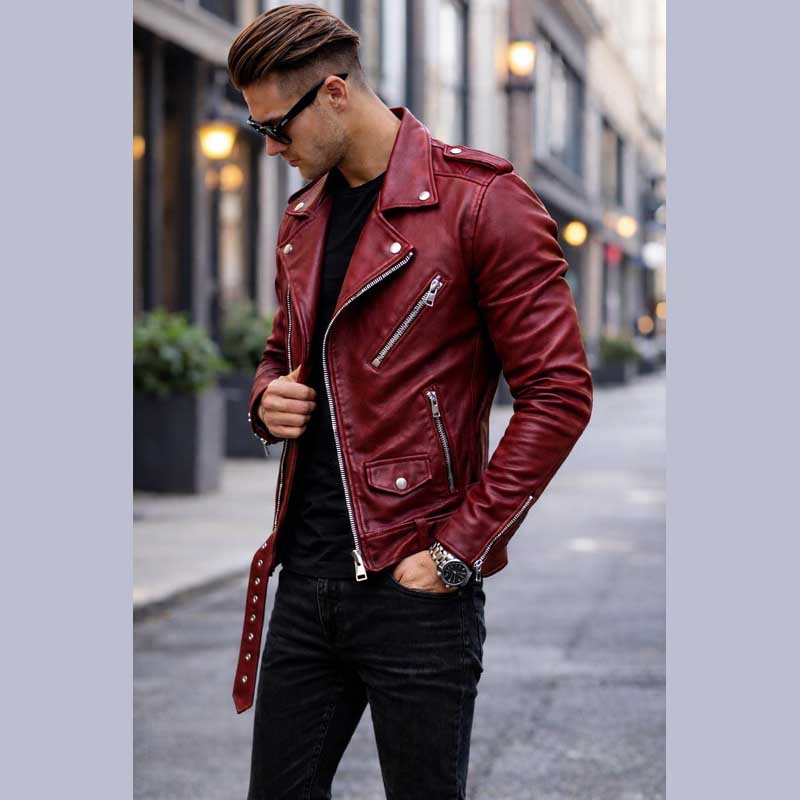 Men’s Slim Fit Maroon Lambskin Moto Jacket | Jackets Kingdom