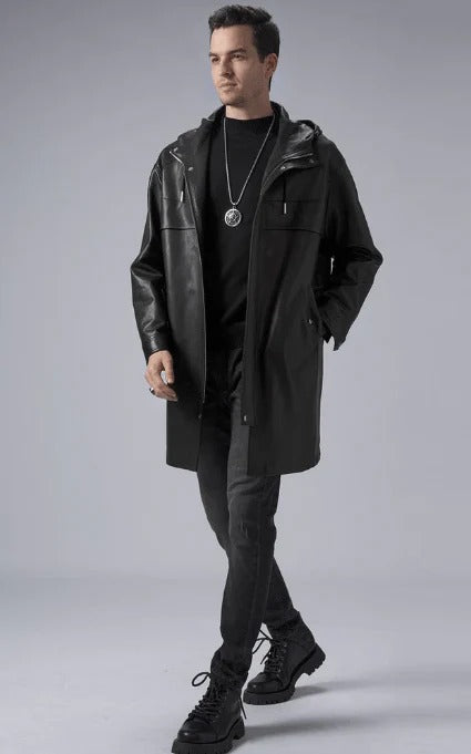 Men's Mid-Length Black Leather Coat with Hood