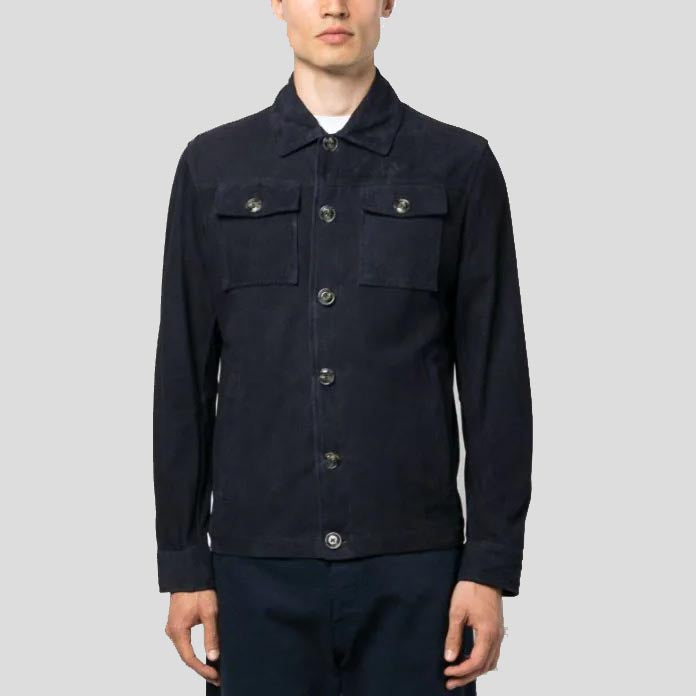 Men's Navy Blue Buttoned Suede Leather Shirt Jacket