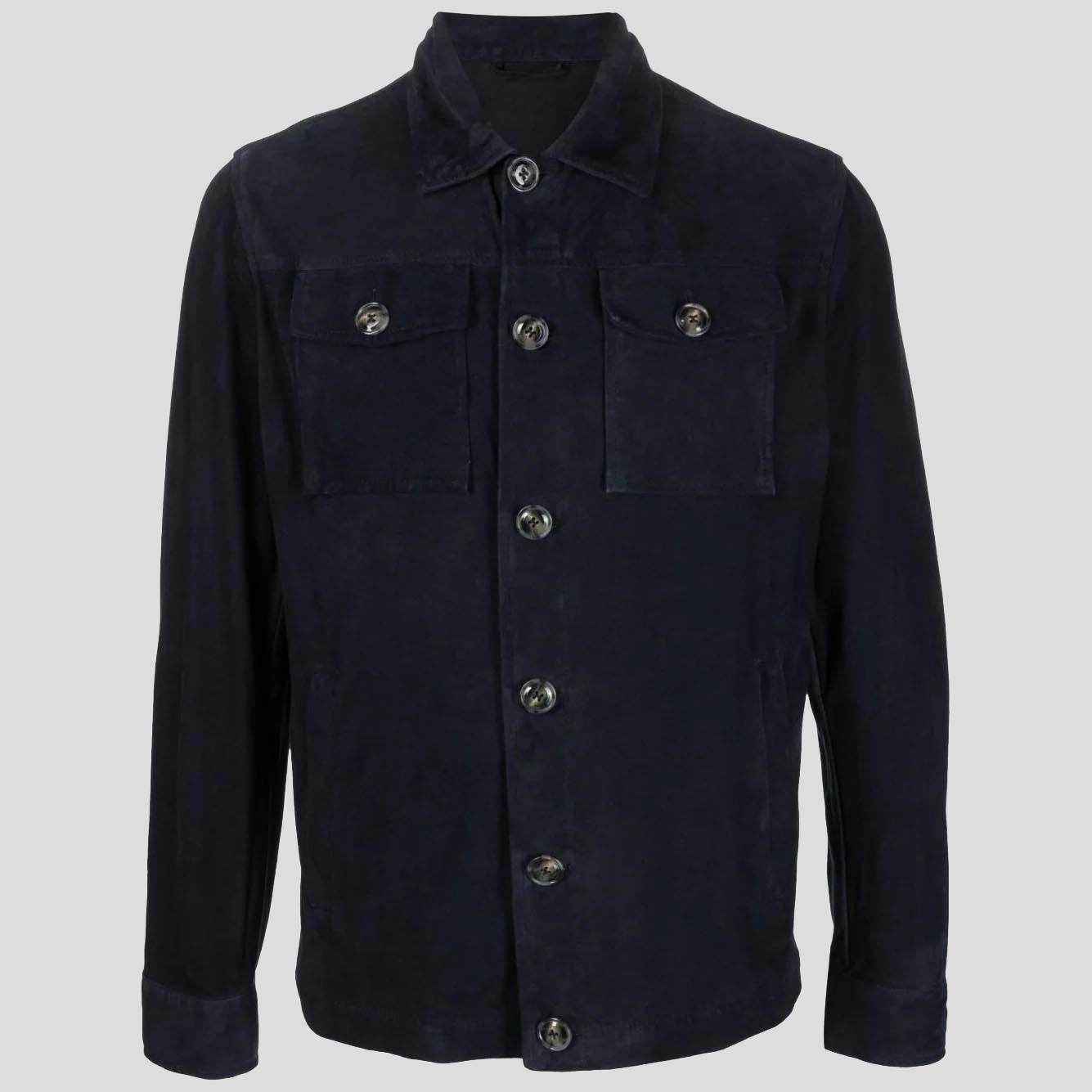 Men's Navy Blue Buttoned Suede Leather Shirt Jacket