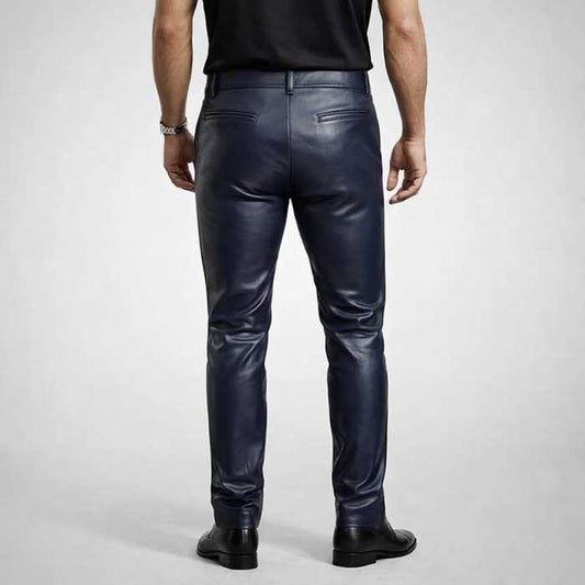 Mens Navy Blue Sheepskin Leather Pants Slim Fit