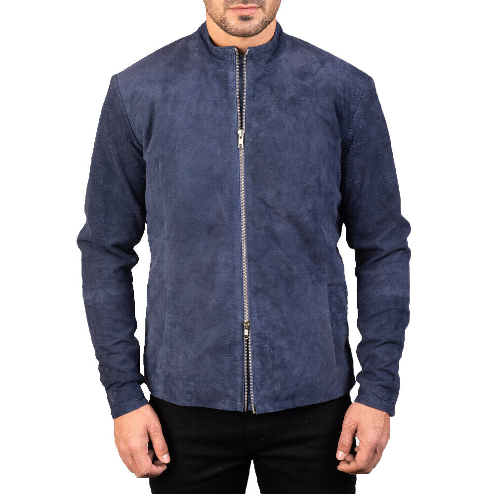 Men's Navy Blue Suede Biker Jacket